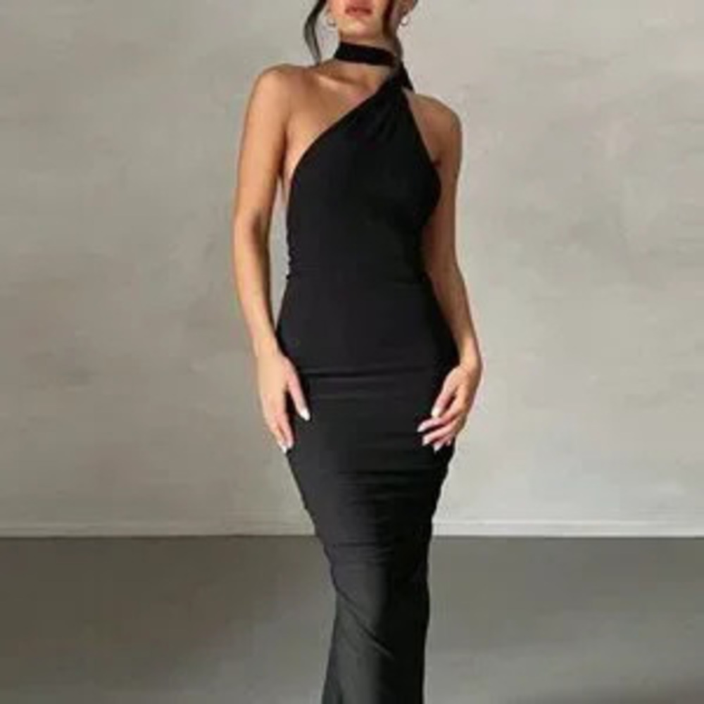 Black Sexy Women's Ring Linked Ruched Backless Dress